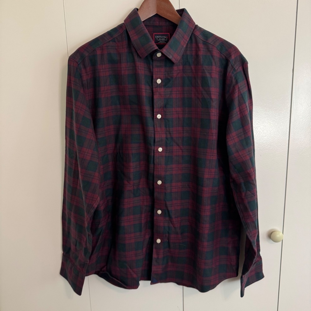 Untuckit Gracher WF Slim Fit Wrinkle Free Plaid Shirt Mens XL Burgundy